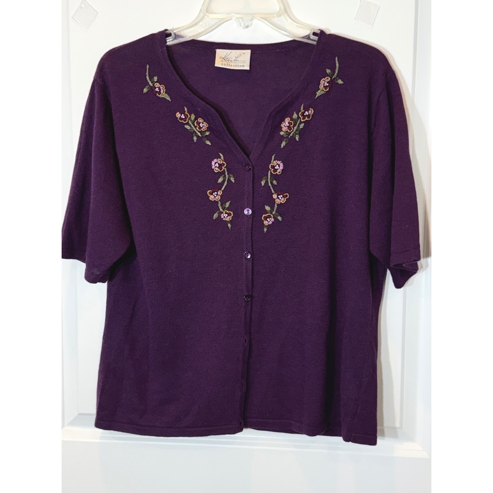 Purple Embroidered Button Up Cardigan Short Sleeve Women's Top vneck feminine‎